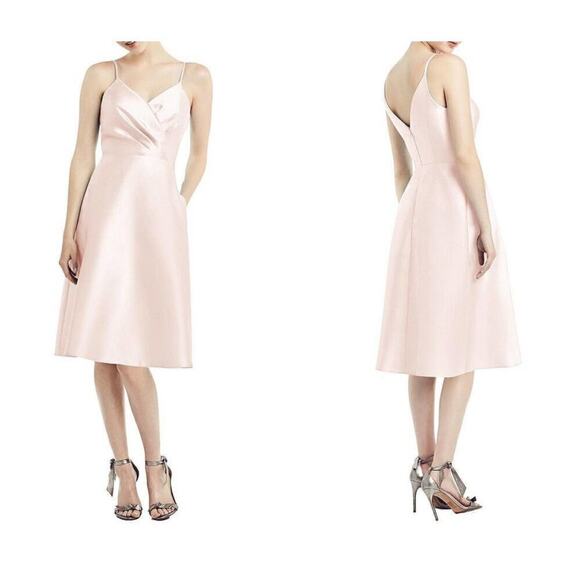 Alfred Sung Draped Faux Wrap Sateen Cocktail Dress V-Neck Blush Size 14 NWT - Picture 1 of 9